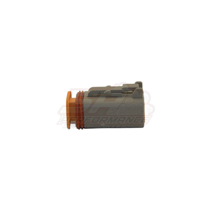 Grey Deutsch DT06-4S 4-pin male connector housing side view showing orange rear seal and locking tab detail