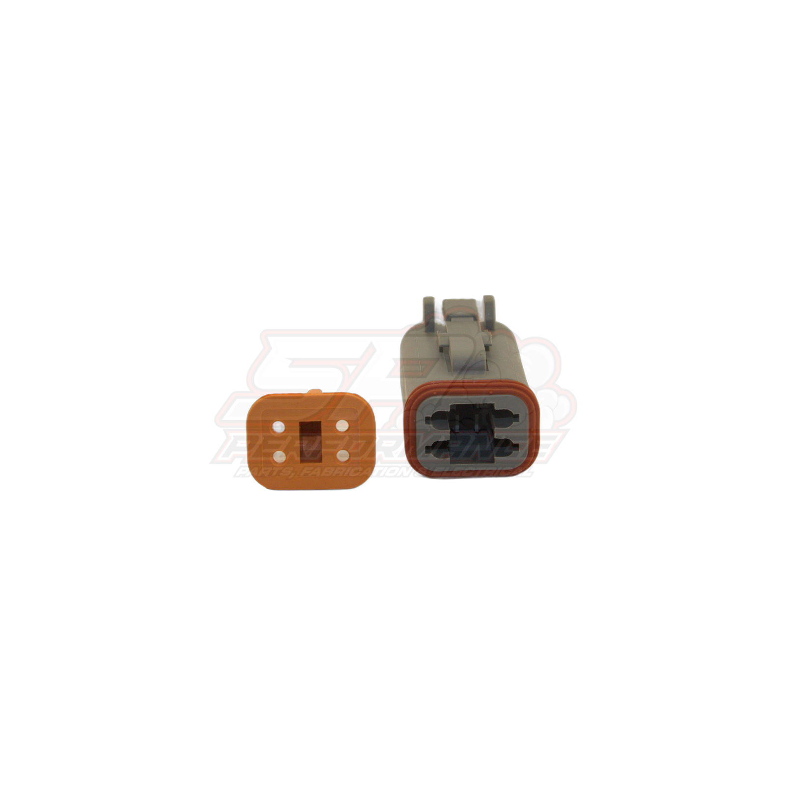 Deutsch DT06-4S 4-pin male connector housing shown disassembled with grey housing, red seal and orange wedge lock on white background