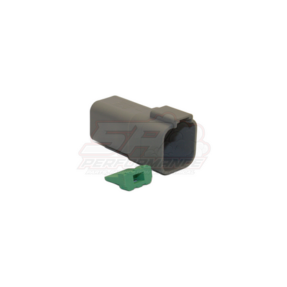 Deutsch DT04-6P 6-pin female connector housing in grey with green wedge lock shown at an angle