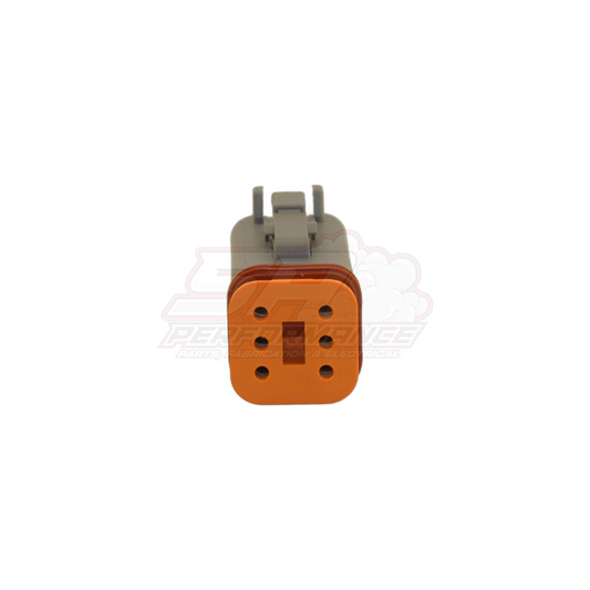 Deutsch DT06-6S 6-pin male housing front view showing orange keyed face with six terminal cavities and grey wedge lock clip