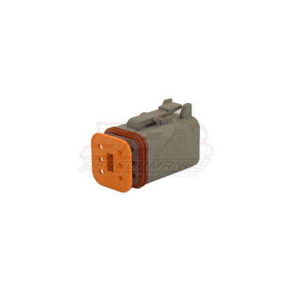 Deutsch DT06-6S 6 pin male housing angled view showing orange front face with socket cavities and grey body with locking wedge clip