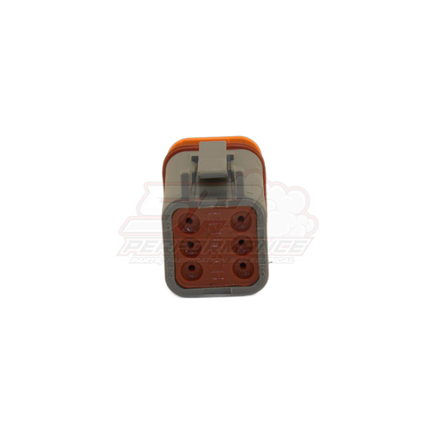 Front view of Deutsch DT 6-pin connector with translucent grey housing, orange seal and brown terminal retainer showing six circular terminal positions