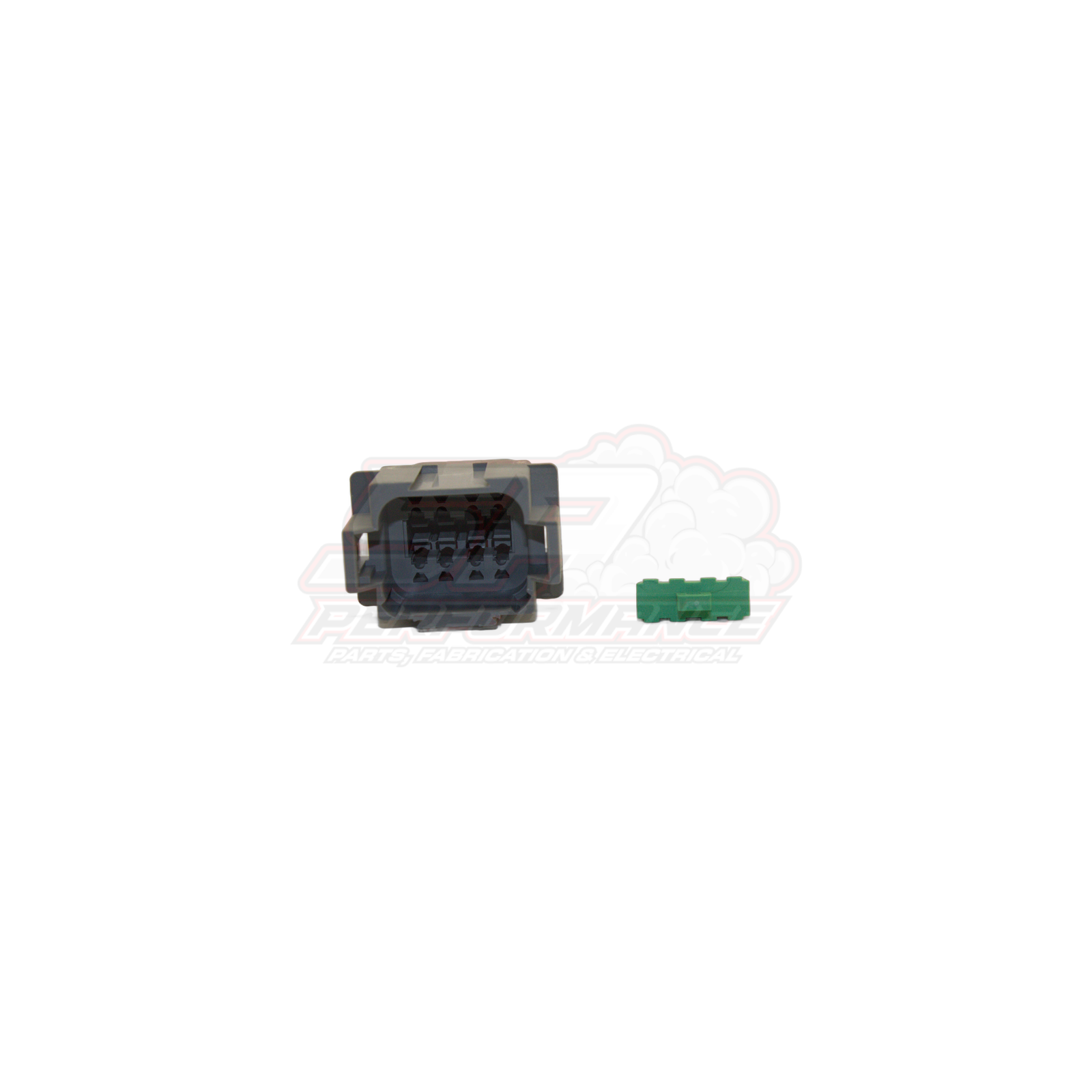 Deutsch DT04-8P-A 8-pin female connector housing grey front view with green wedgelock shown separately