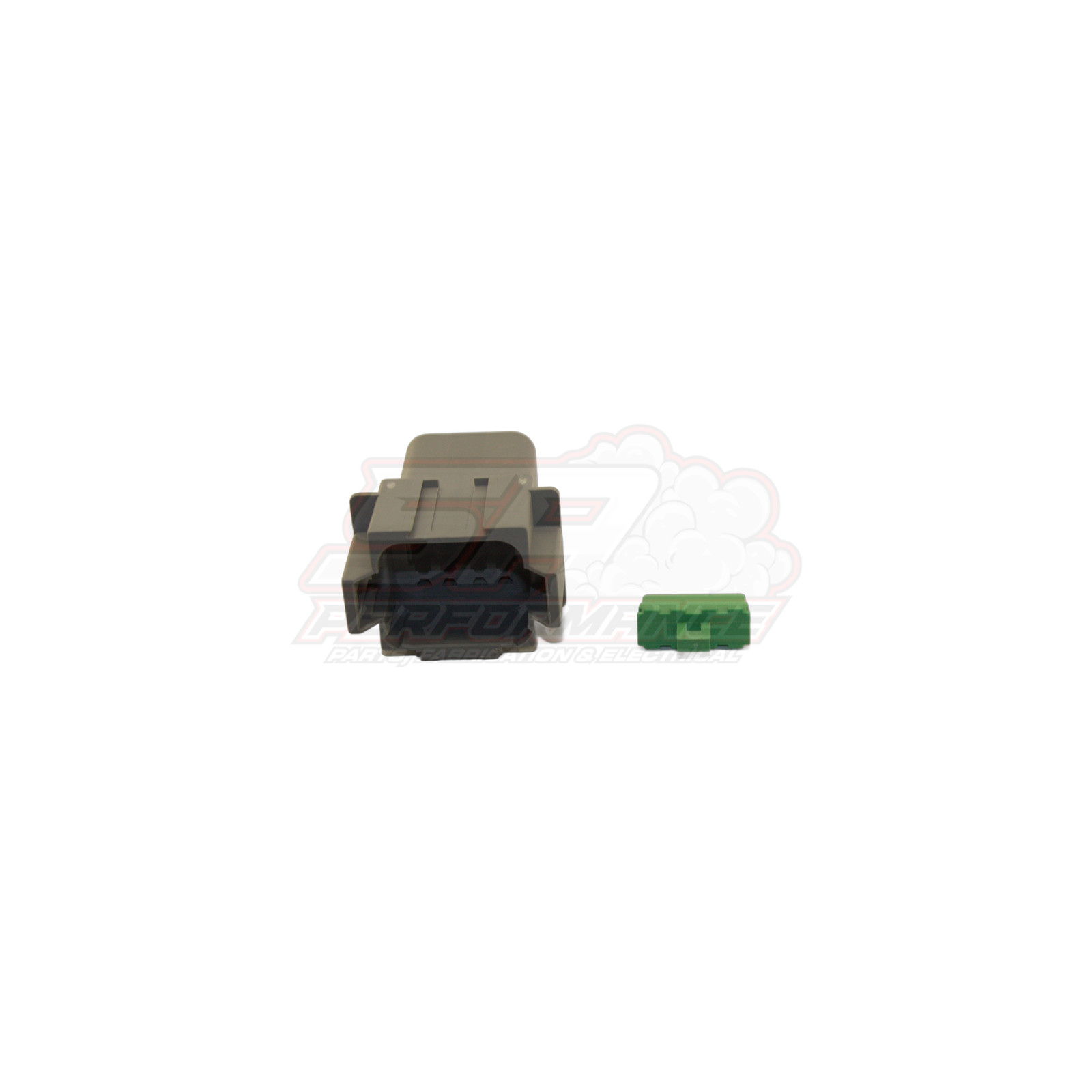 Deutsch DT 8-pin connector kit front view showing grey male housing with black wedge lock and green solid band terminal