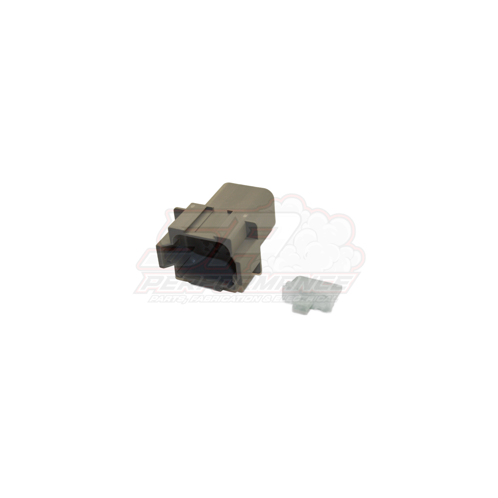 Deutsch DT04-8P-A 8-pin female housing in grey with black rubber wedge lock insert and separate grey wedge lock seal visible