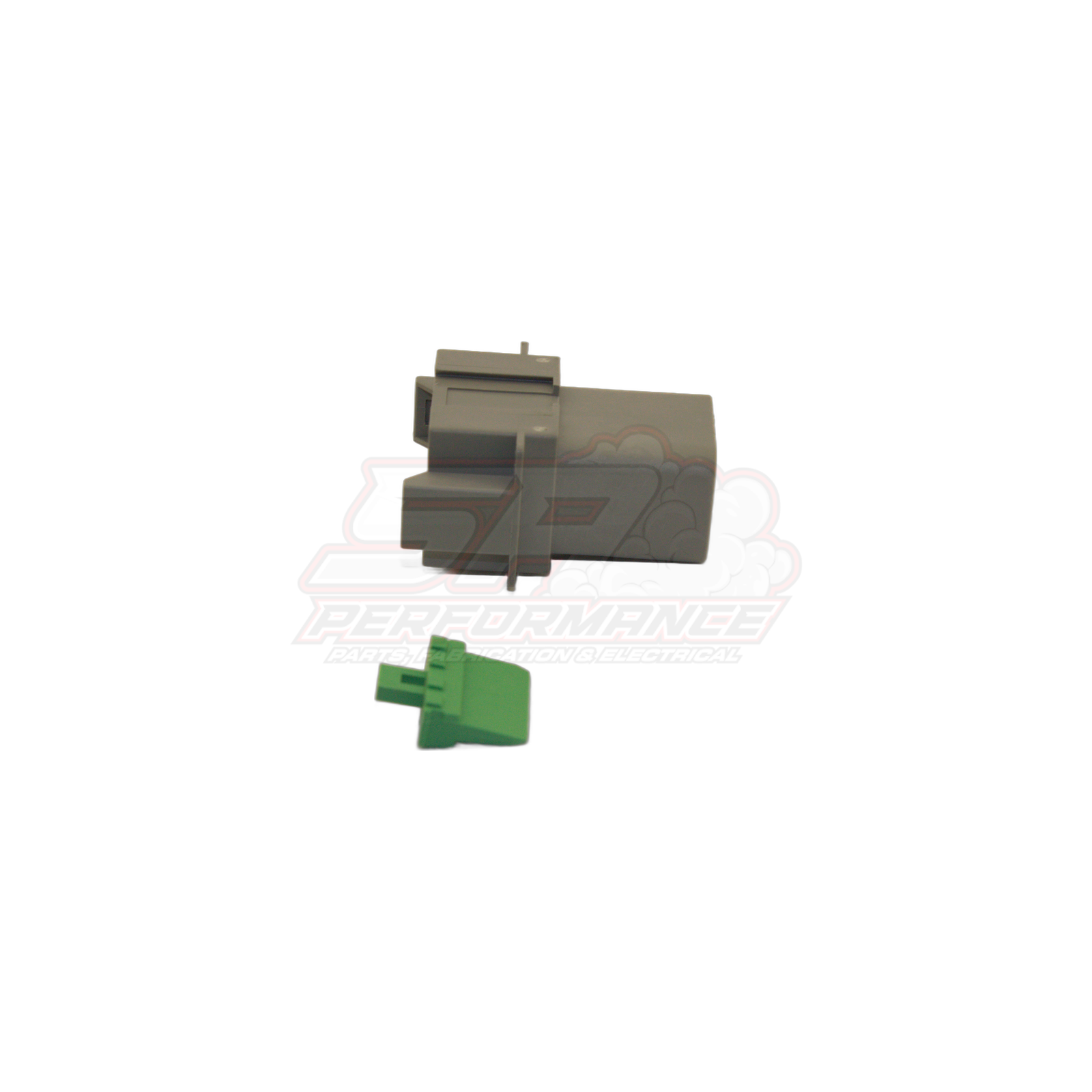 Deutsch DT04-8P(A) female 8-pin housing in grey with green wedge lock shown separated on white background