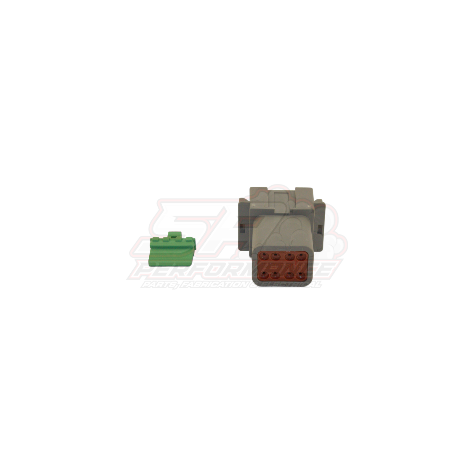 Deutsch DT 8-pin connector kit showing grey male housing with brown terminal cavities and green solid band terminal