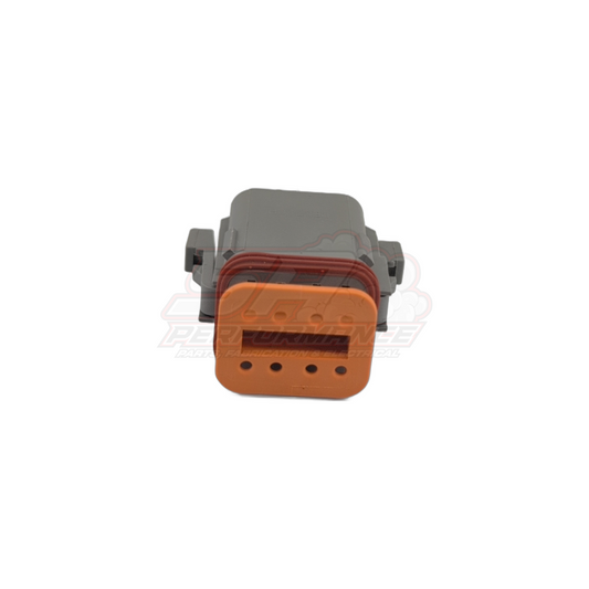 Deutsch DT06-8S(A) 8-pin male housing in grey with orange front face and red sealing grommet, A keyway visible, front angled view