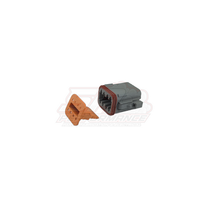 Grey Deutsch DT 8-pin male housing with red silicone wedge seal and orange female housing insert shown separated