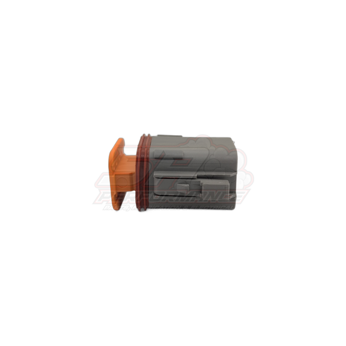 Deutsch DT06-8S-A male 8 pin connector housing side view showing grey body, orange wedge lock, and brown seals