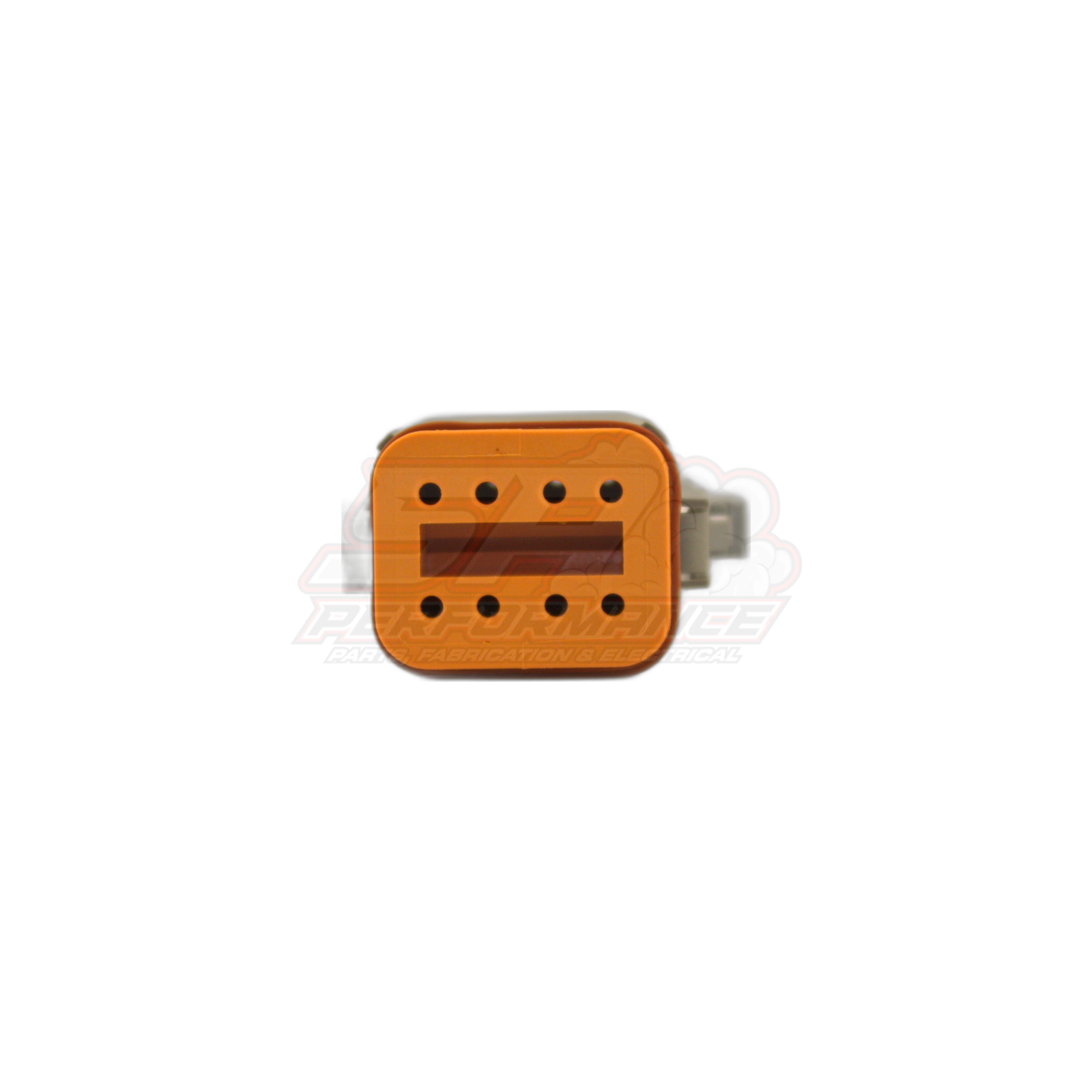 Orange anodised aluminium Deutsch DT06-8S(A) 8-pin male housing front view showing rectangular window and eight pin holes