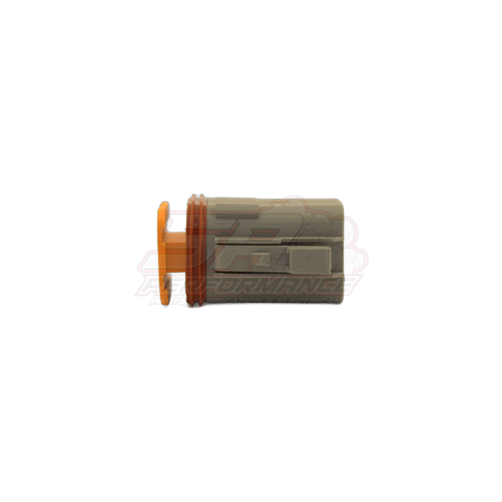 Side profile view of orange DT06-8S(A) 8-pin male housing showing translucent barrel with visible terminal cavities and DT2 keyway