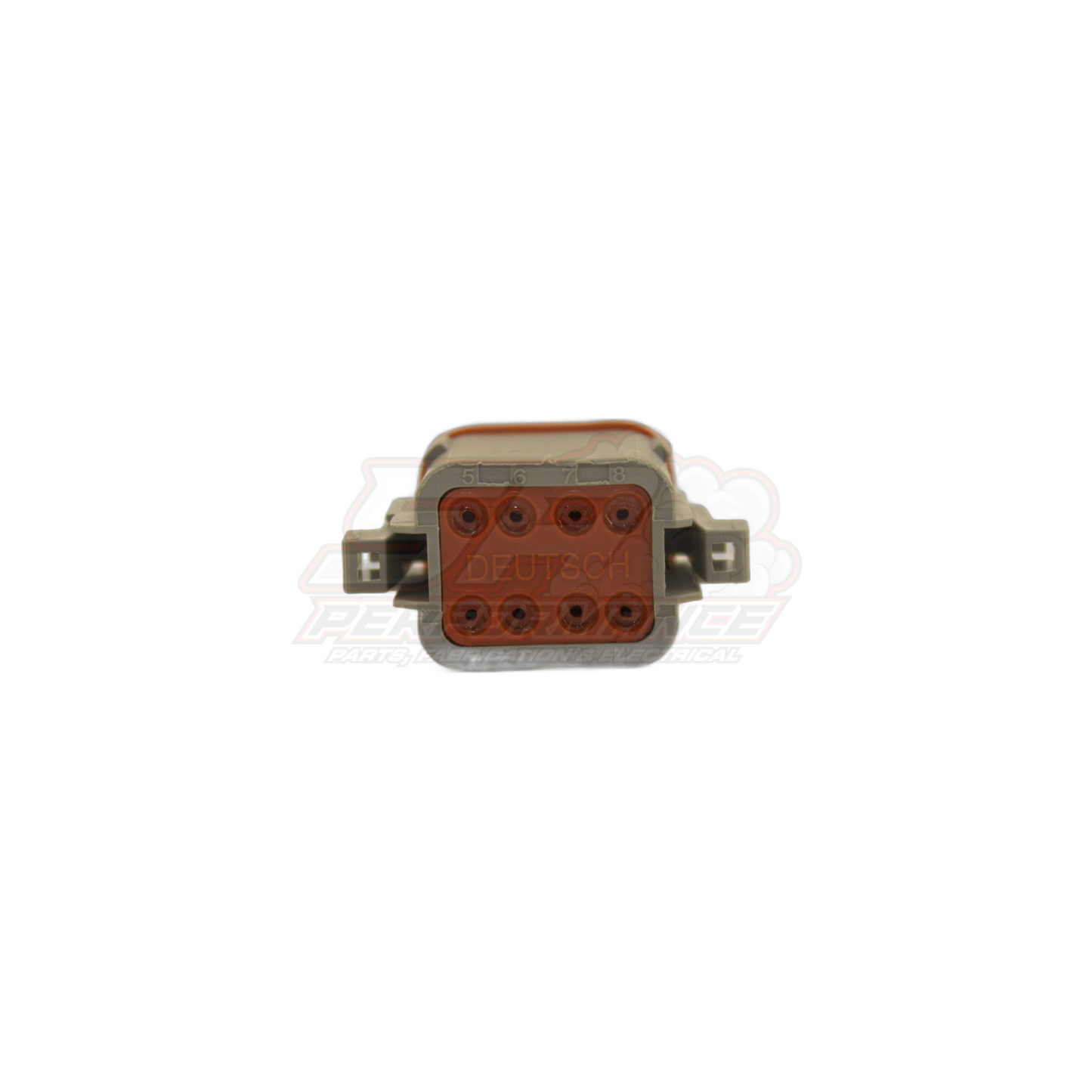 Front view of grey DT06-8S-A male Deutsch 8-pin connector housing showing red insert with eight numbered pin cavities and DEUTSCH branding, side metal locking clips visible