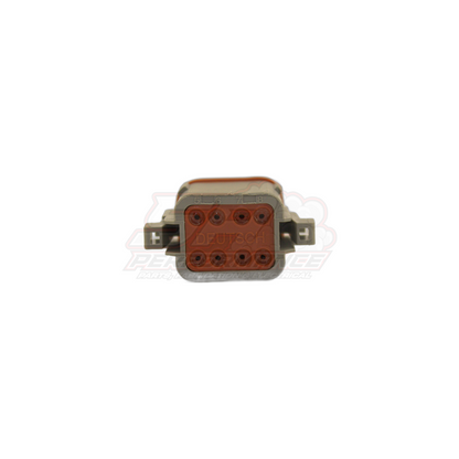 Front view of grey DT06-8S-A male Deutsch 8-pin connector housing showing red insert with eight numbered pin cavities and DEUTSCH branding, side metal locking clips visible
