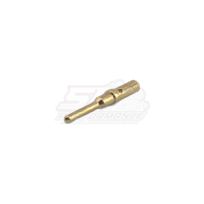 Brass Deutsch DT solid closed barrel terminal side view showing tapered pin and crimp barrel with serrations