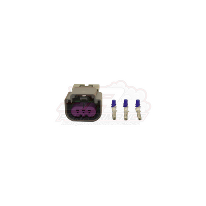 E85 flex sensor 3-pin connector kit showing grey housing with black latch and purple insert alongside three gold crimp terminals with blue wire seals