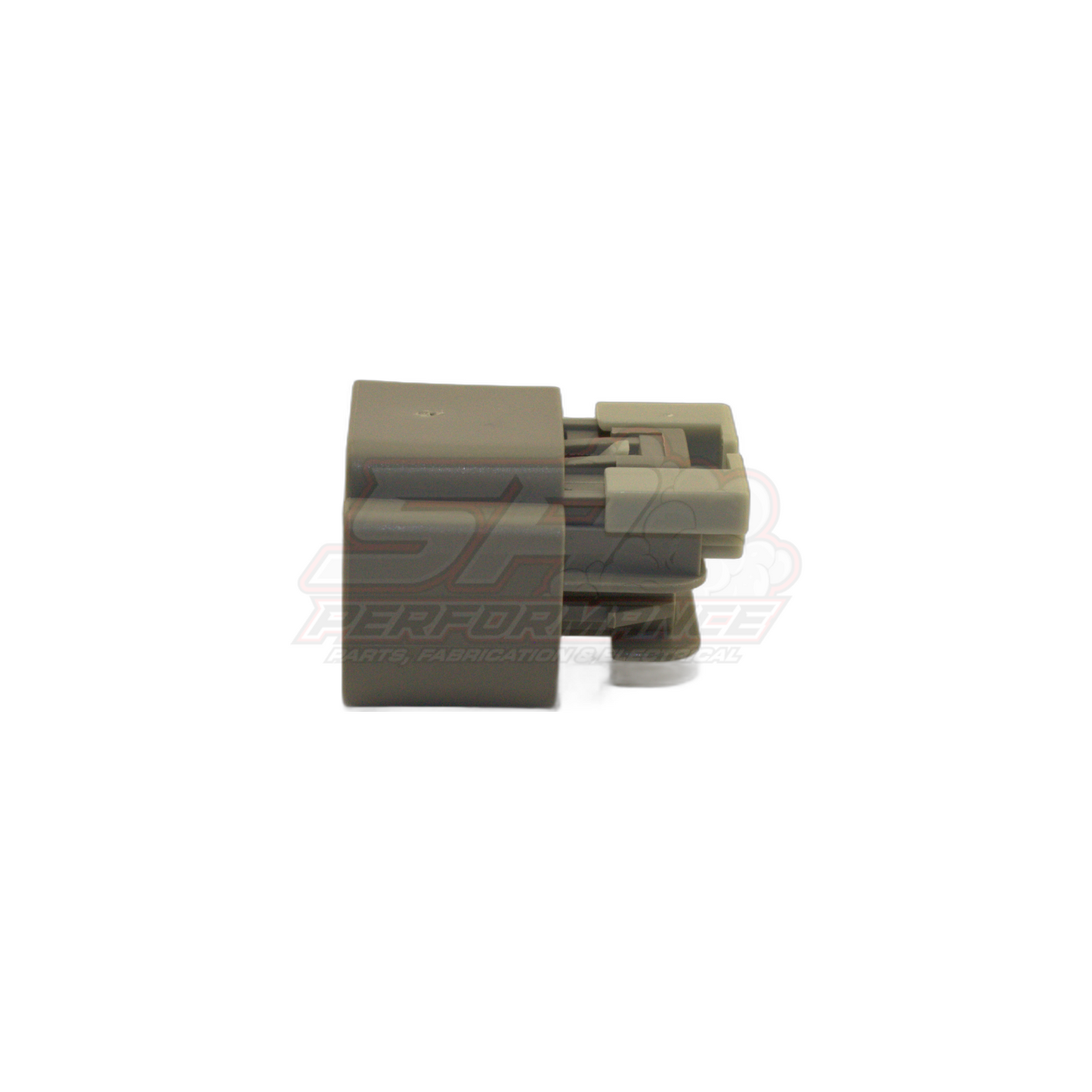 Grey plastic 3-pin automotive connector housing with black latch shown from side angle displaying mating face and locking tab for E85 flex fuel sensor harness