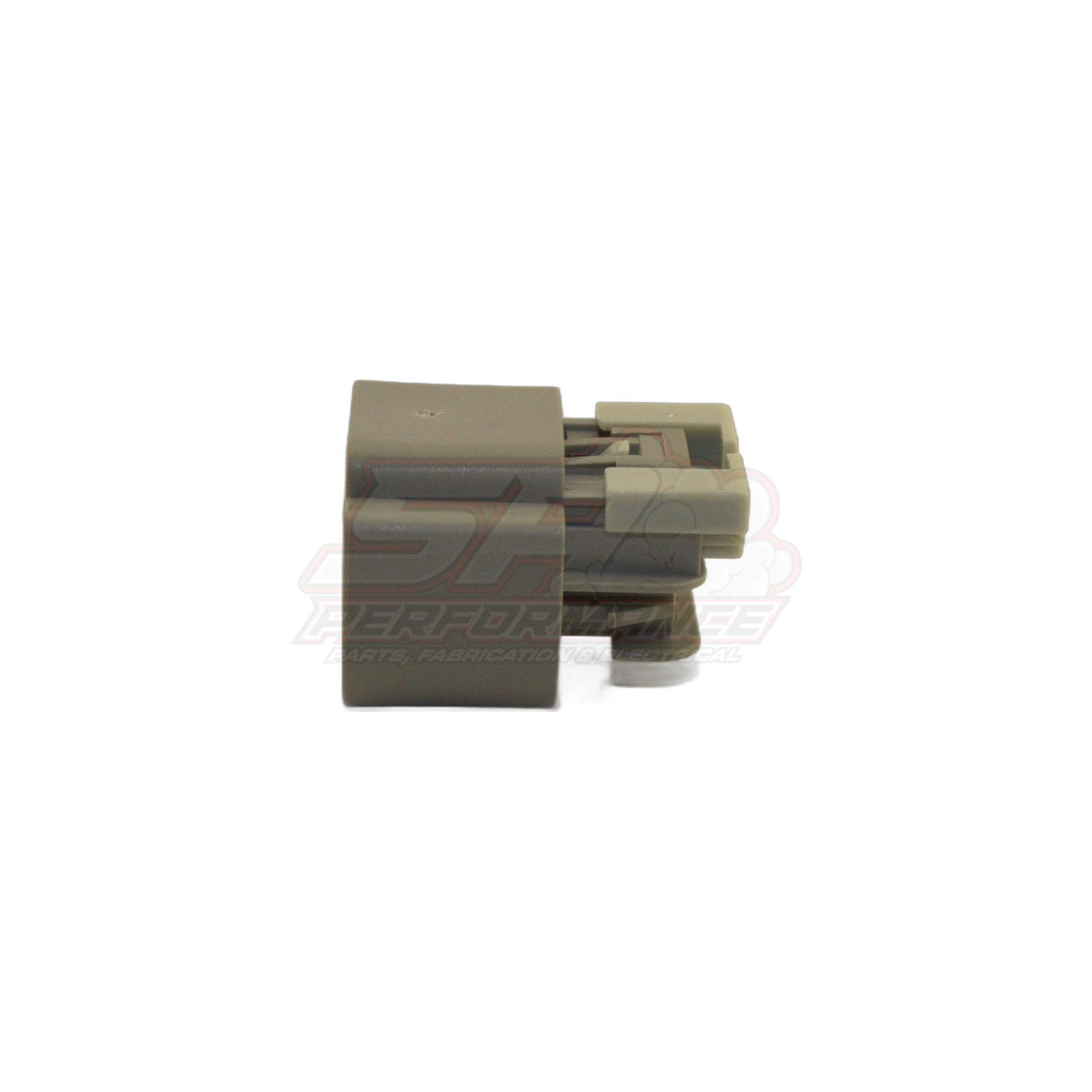 Grey plastic 3-pin automotive connector housing with black latch shown from side angle displaying mating face and locking tab for E85 flex fuel sensor harness