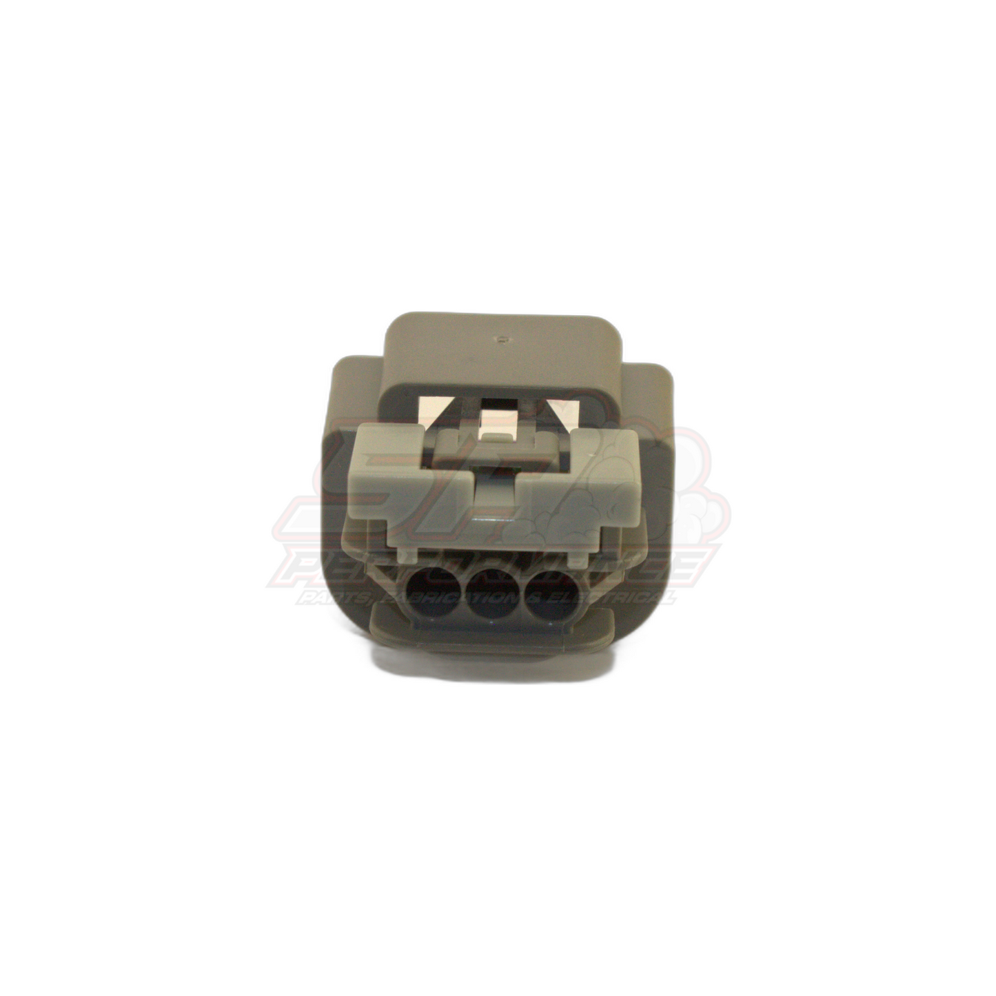 Grey 3-pin female connector housing front view showing three circular terminal cavities and black latch mechanism for E85 flex fuel sensor