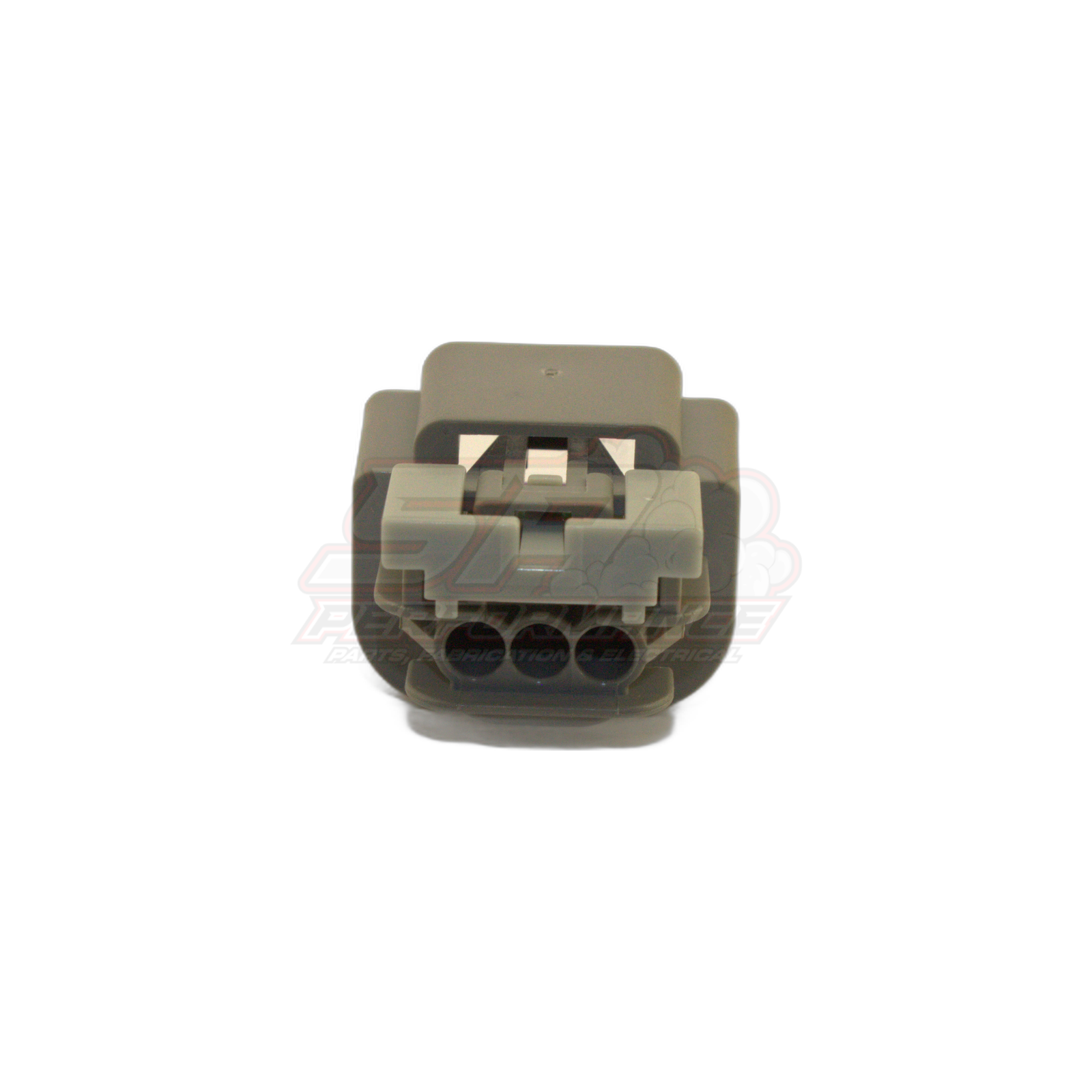 Grey 3-pin female connector housing front view showing three circular terminal cavities and black latch mechanism for E85 flex fuel sensor