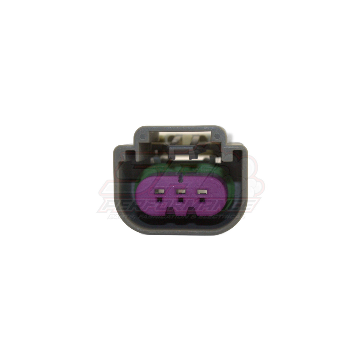 Front view of E85 flex sensor 3-pin connector with grey housing, black latch and purple terminal insert showing six contact points