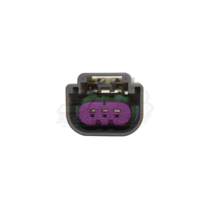 Front view of E85 flex sensor 3-pin connector with grey housing, black latch and purple terminal insert showing six contact points