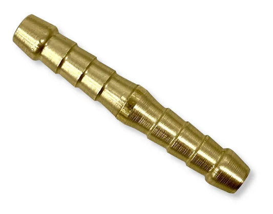 Brass 4mm barbed hose joiner with stepped barbs on both ends shown at an angle on white background