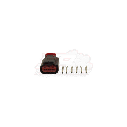 6 pin throttle body connector kit showing black housing with red seal and six gold crimp terminals for Ford Falcon GM drive-by-wire applications
