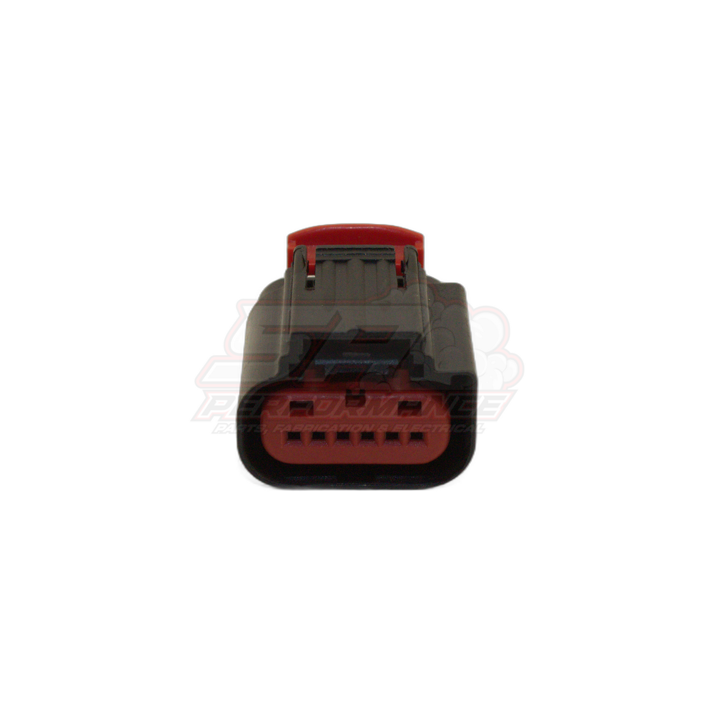 Front view of 6 pin Ford GM throttle body connector showing grey housing with red locking tab and red terminal cavity with six pin slots