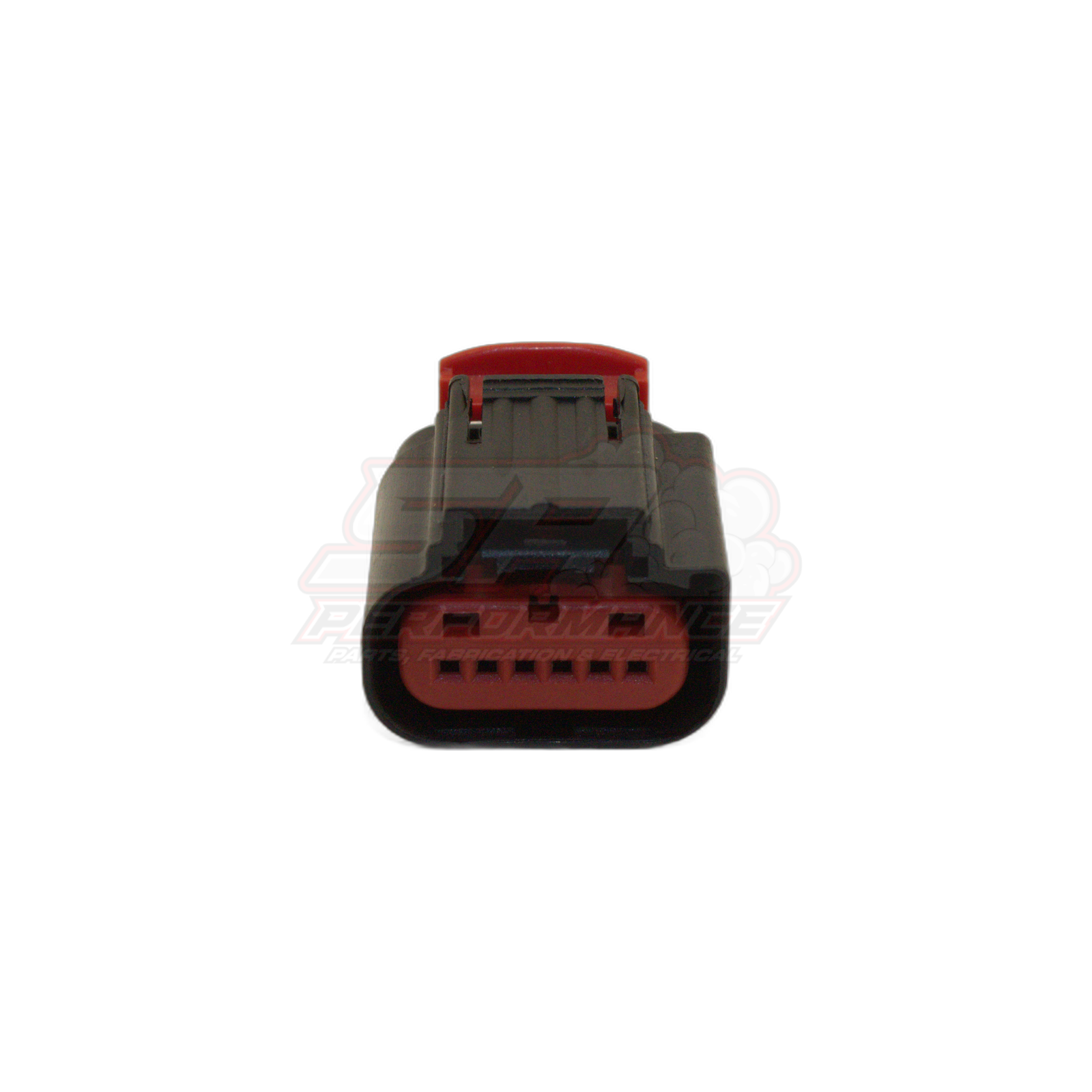 Front view of 6 pin Ford GM throttle body connector showing grey housing with red locking tab and red terminal cavity with six pin slots