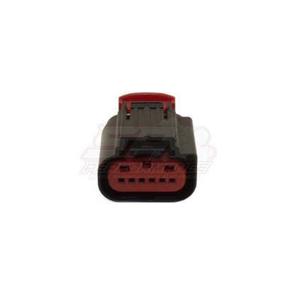 Front view of 6 pin Ford GM throttle body connector showing grey housing with red locking tab and red terminal cavity with six pin slots