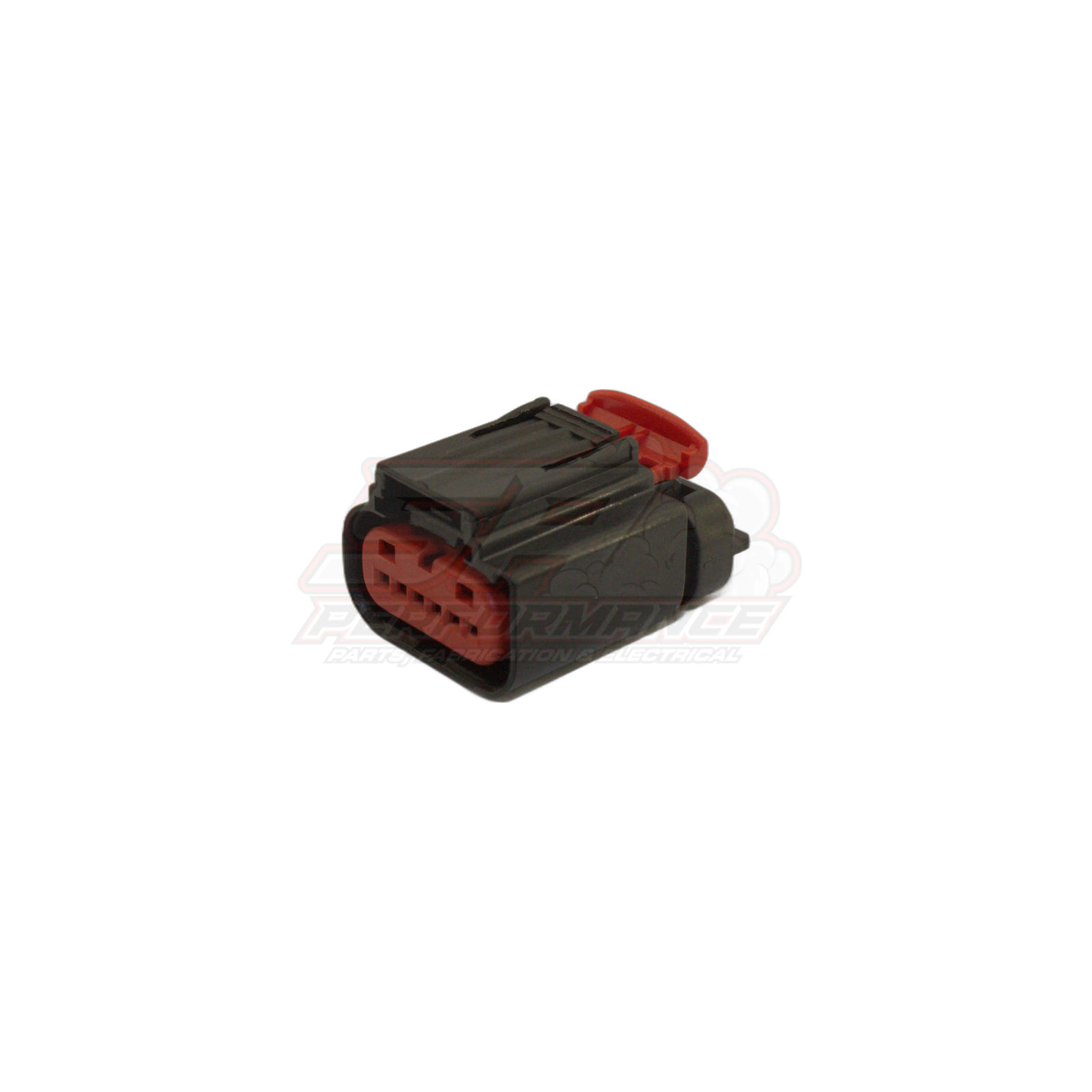 Angled view of 6 pin black connector housing with red terminals visible, Ford GM throttle body plug with wire seal