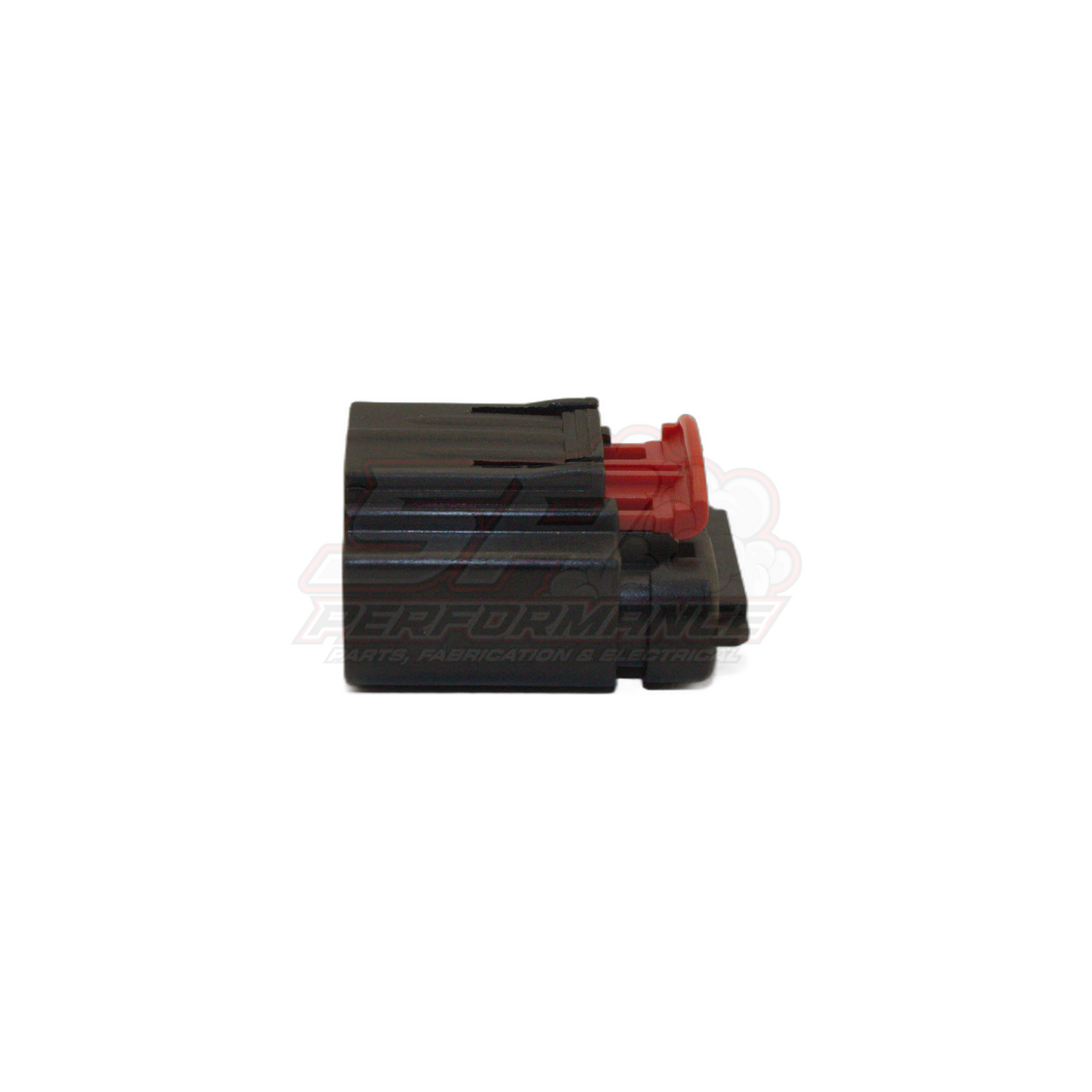 Side view of 6-pin Ford GM throttle body connector showing black housing with red secondary lock clip