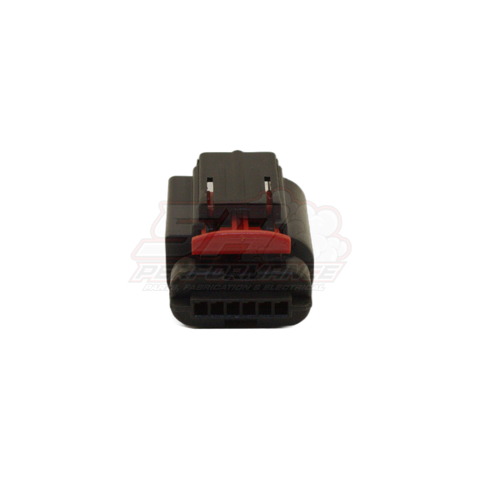 Front view of 6-pin Ford GM throttle body connector showing black housing with red retaining clip and six terminal cavities