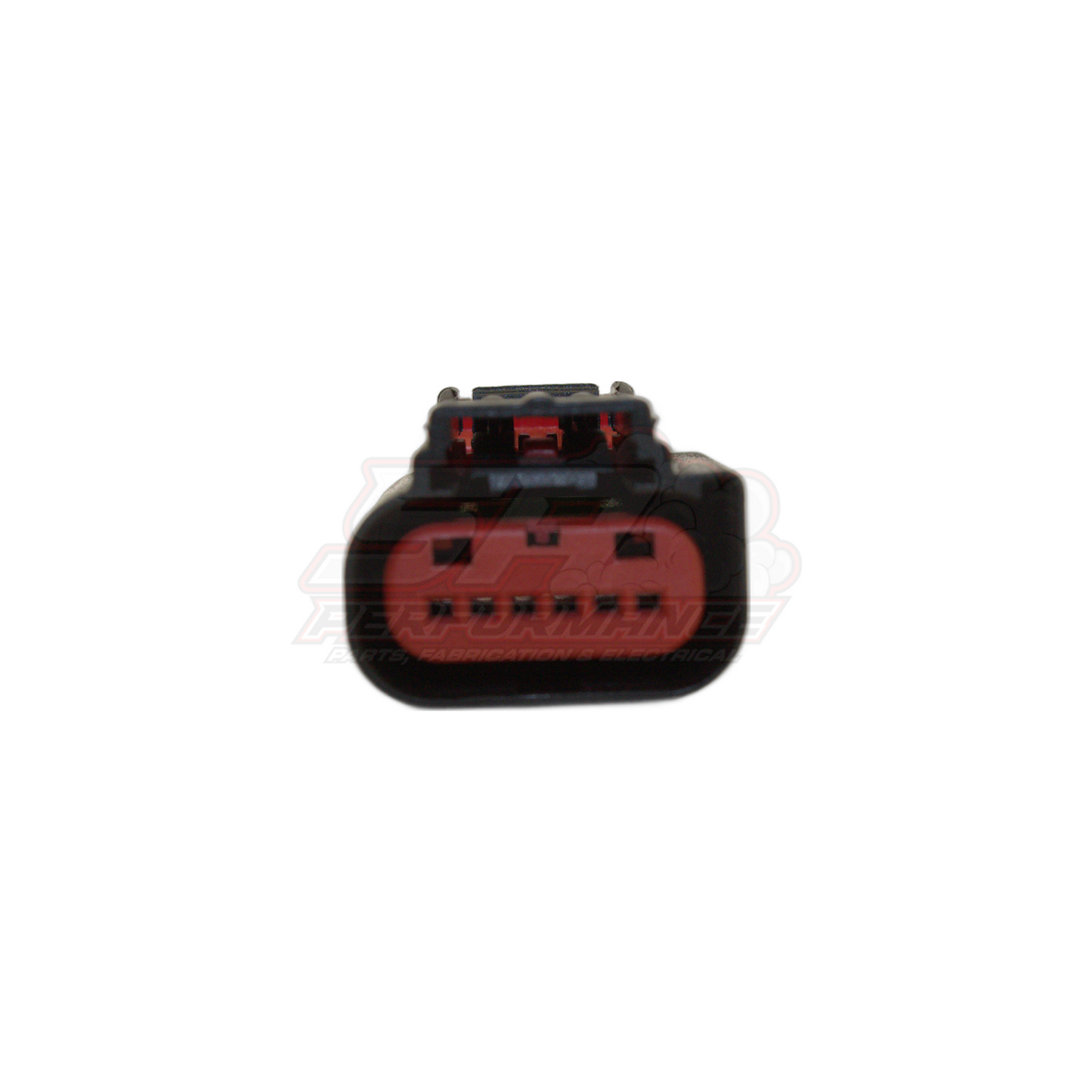 Front angle view of 6 pin throttle body connector showing black housing with red seal and terminal contacts for Ford Falcon and GM applications