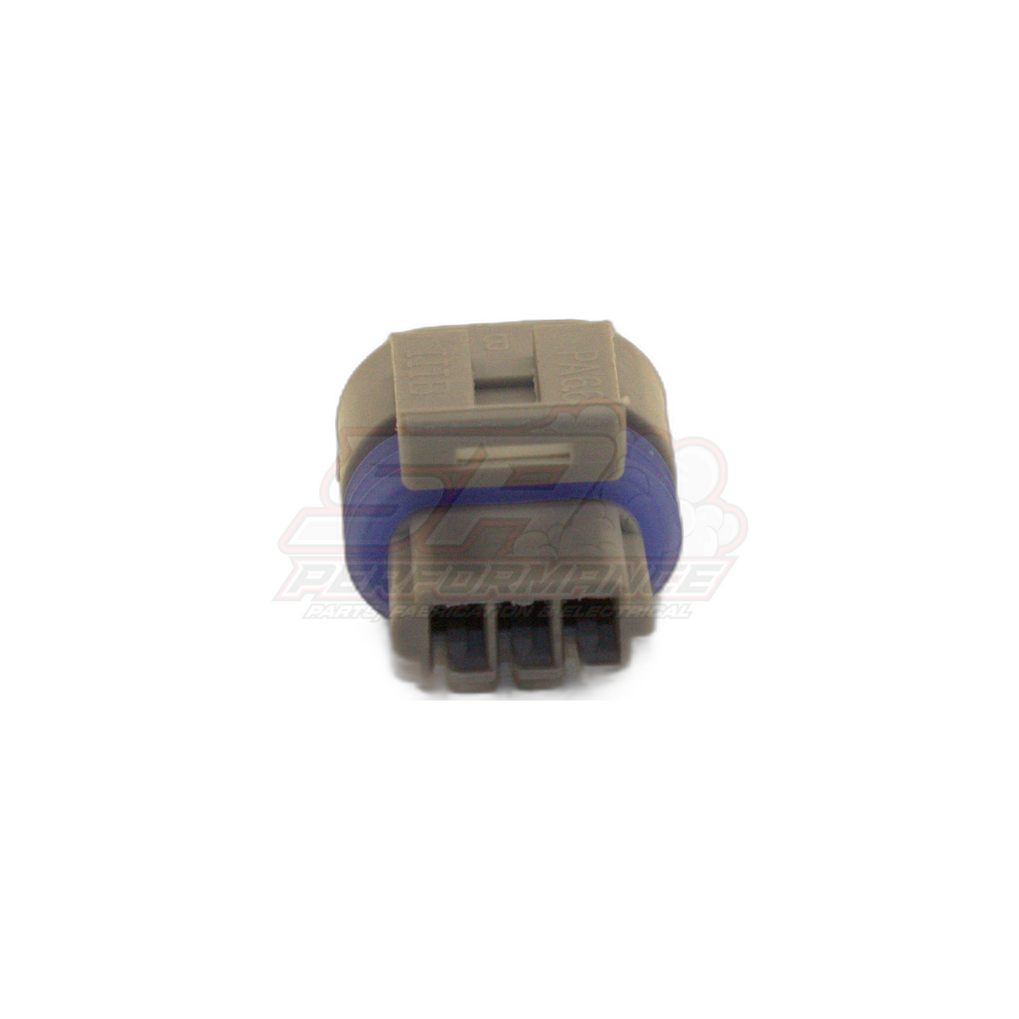 Front view of GM 3-pin CAS cam angle sensor connector showing grey housing with locking tab, blue rubber seal and three male terminal cavities for Holden Commodore