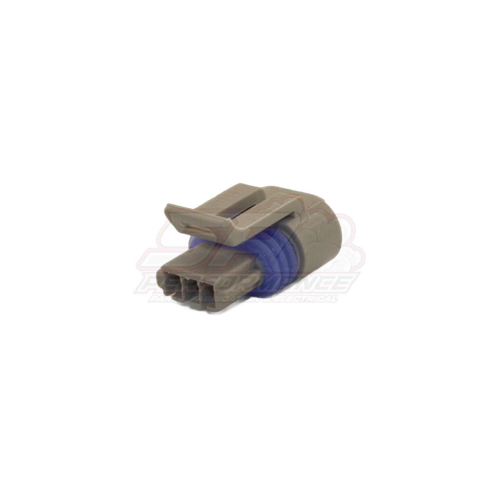 GM 3-pin cam angle sensor connector angled view showing grey housing with four terminal slots and blue seal