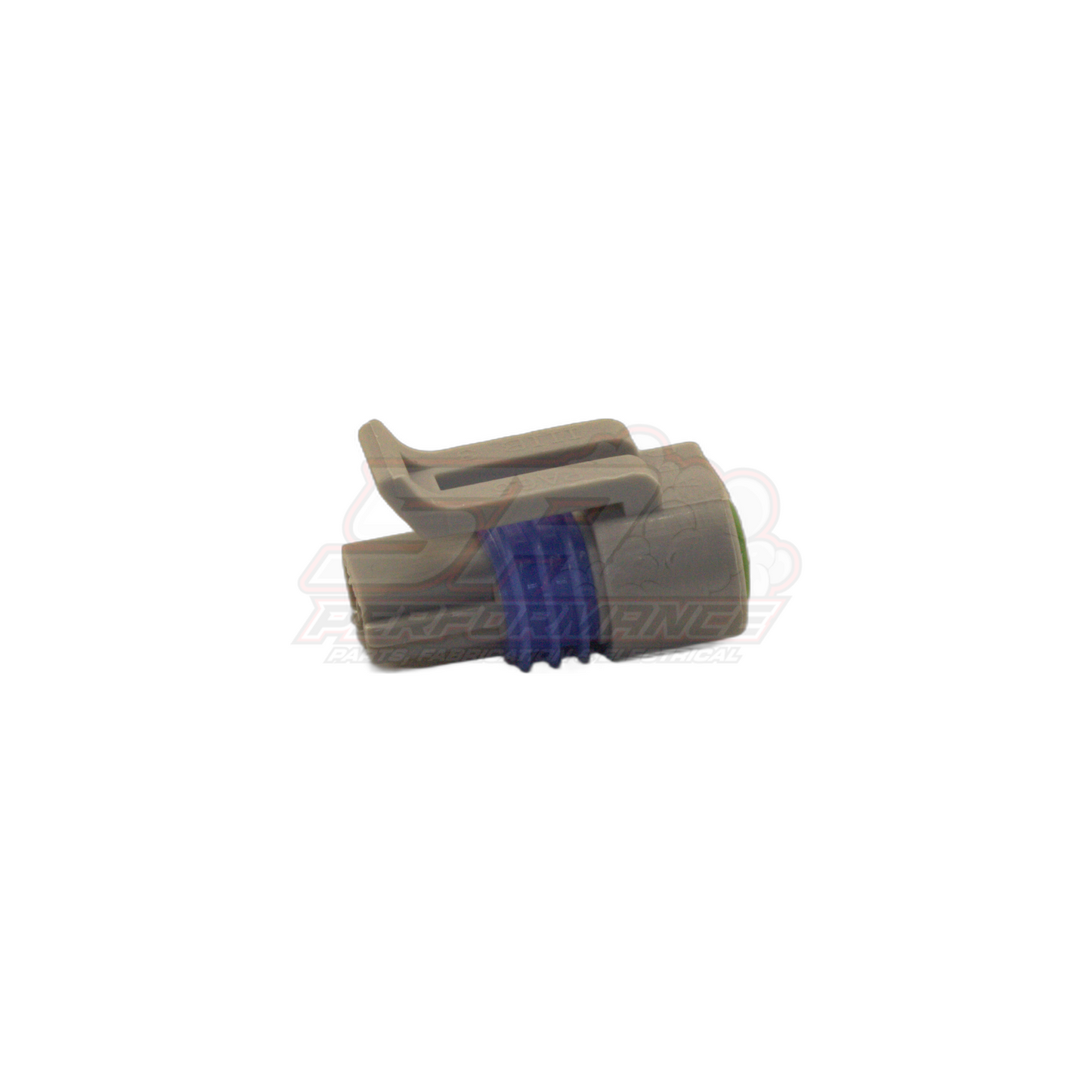 GM 3-pin cam angle sensor connector plug in grey with blue seal, angled view showing housing and terminals for Holden Commodore CAS