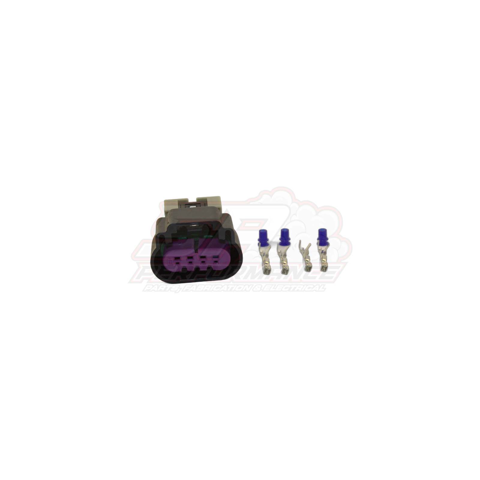 GM 4-pin ignition coil connector for late V6 Commodore showing black housing with purple insert and four metal terminals with blue seals