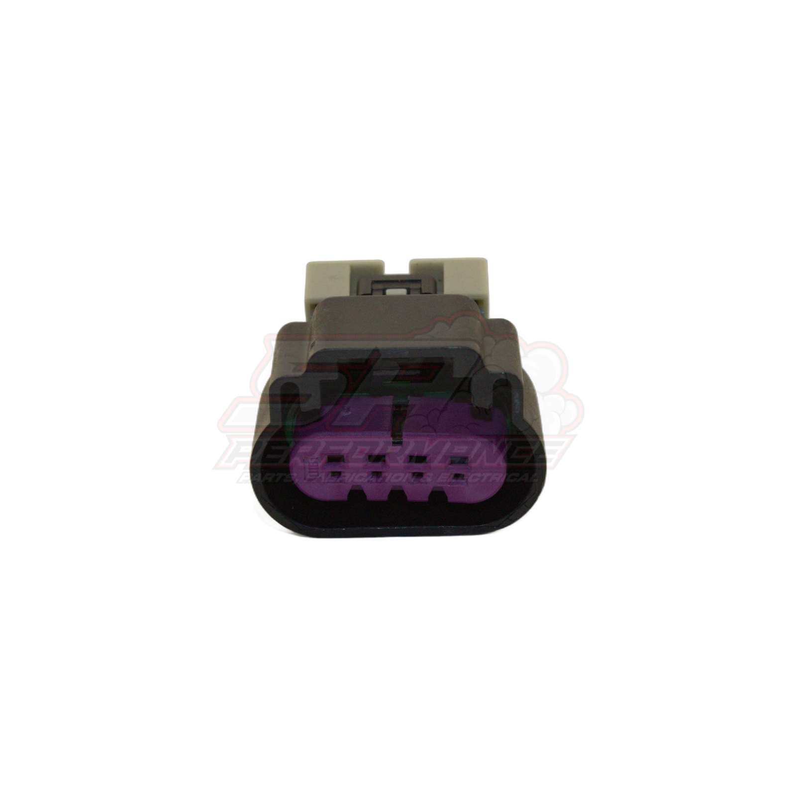 Front view of GM 4-pin ignition coil connector showing purple terminal housing with grey locking wedge for late V6 Commodore