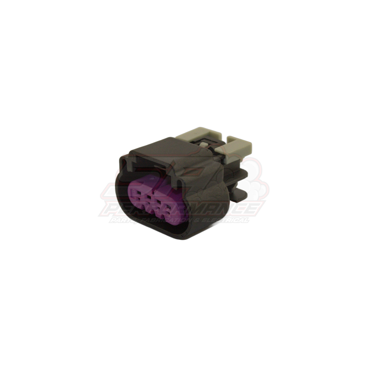 Side angle view of GM 4-pin ignition coil connector for late V6 Commodore showing grey housing with purple terminal block and green locking tabs