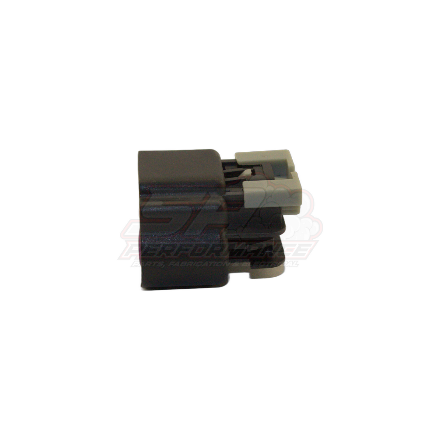 Side view of GM 4 pin coil connector for late V6 Commodore showing black and grey housings with visible terminals and locking tabs