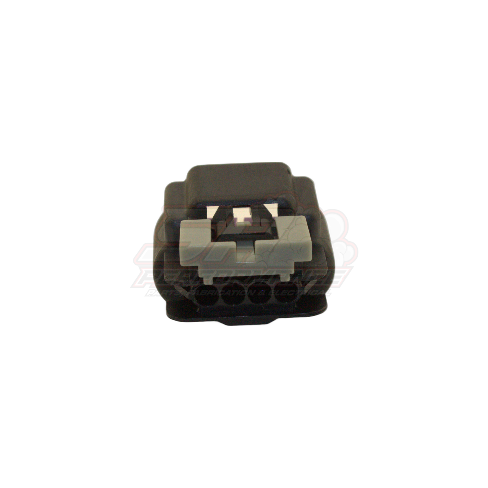 Front view of GM 4-pin black connector housing with grey locking tab and visible terminal cavities for late V6 Commodore coil-on-plug applications