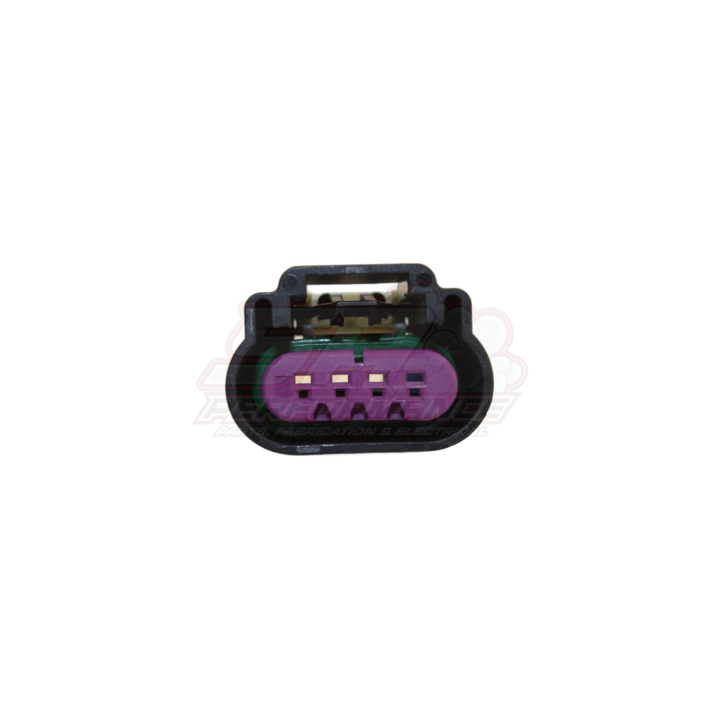 Side angle view of GM 4-pin connector for late V6 Commodore ignition coils showing black housing with purple terminal insert and green circuit board visible inside