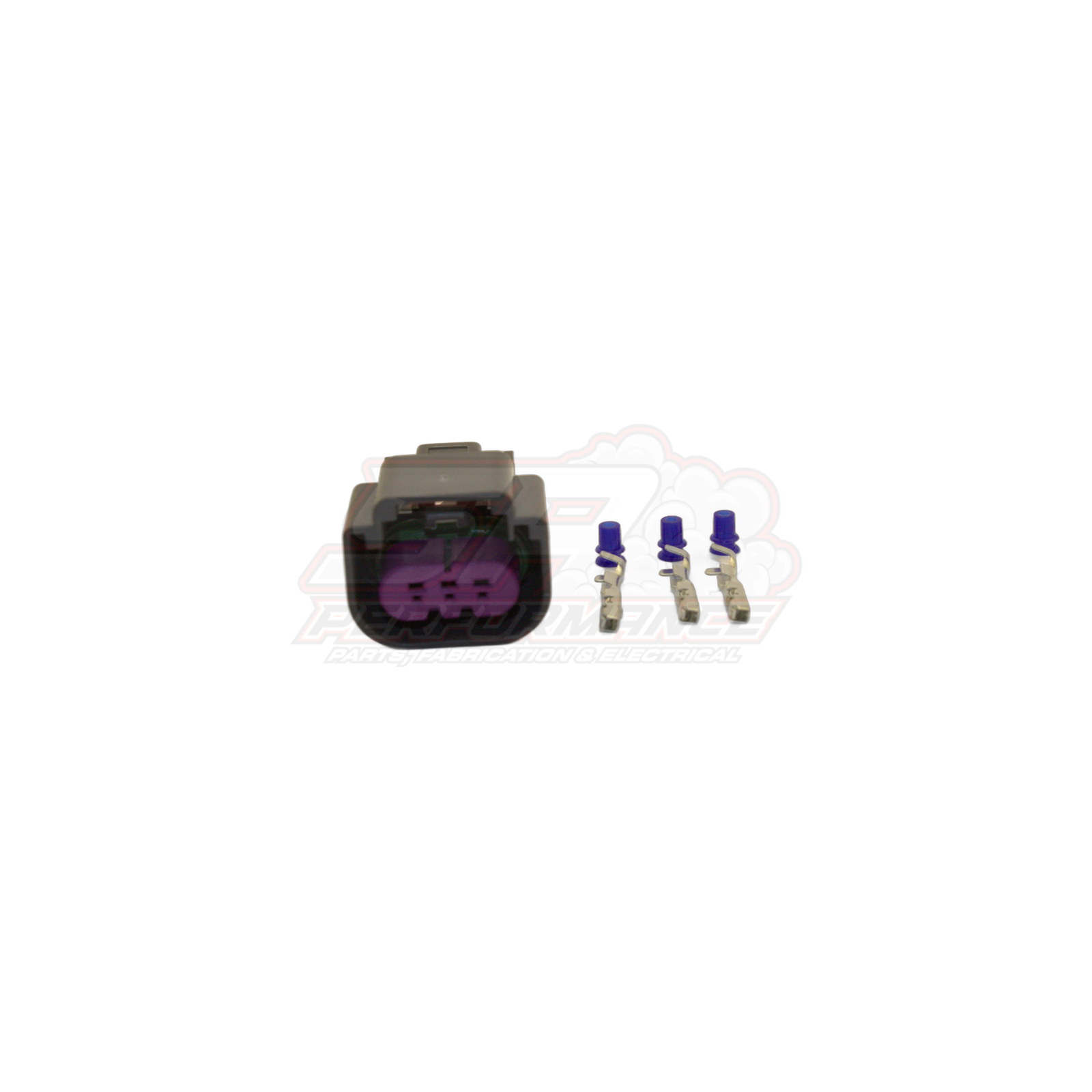 GM 3-pin flex fuel sensor connector kit with grey housing, purple locking tab, and three gold female terminals with blue seals
