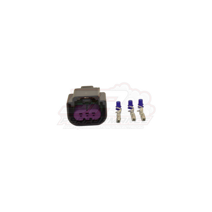 GM 3-pin flex fuel sensor connector kit with grey housing, purple locking tab, and three gold female terminals with blue seals