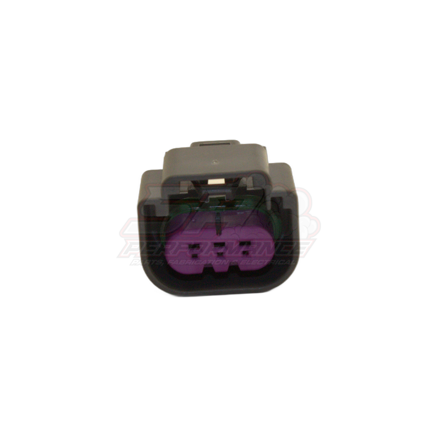 GM E85 flex sensor 3-pin connector front view showing grey housing with purple terminal insert and six cavities