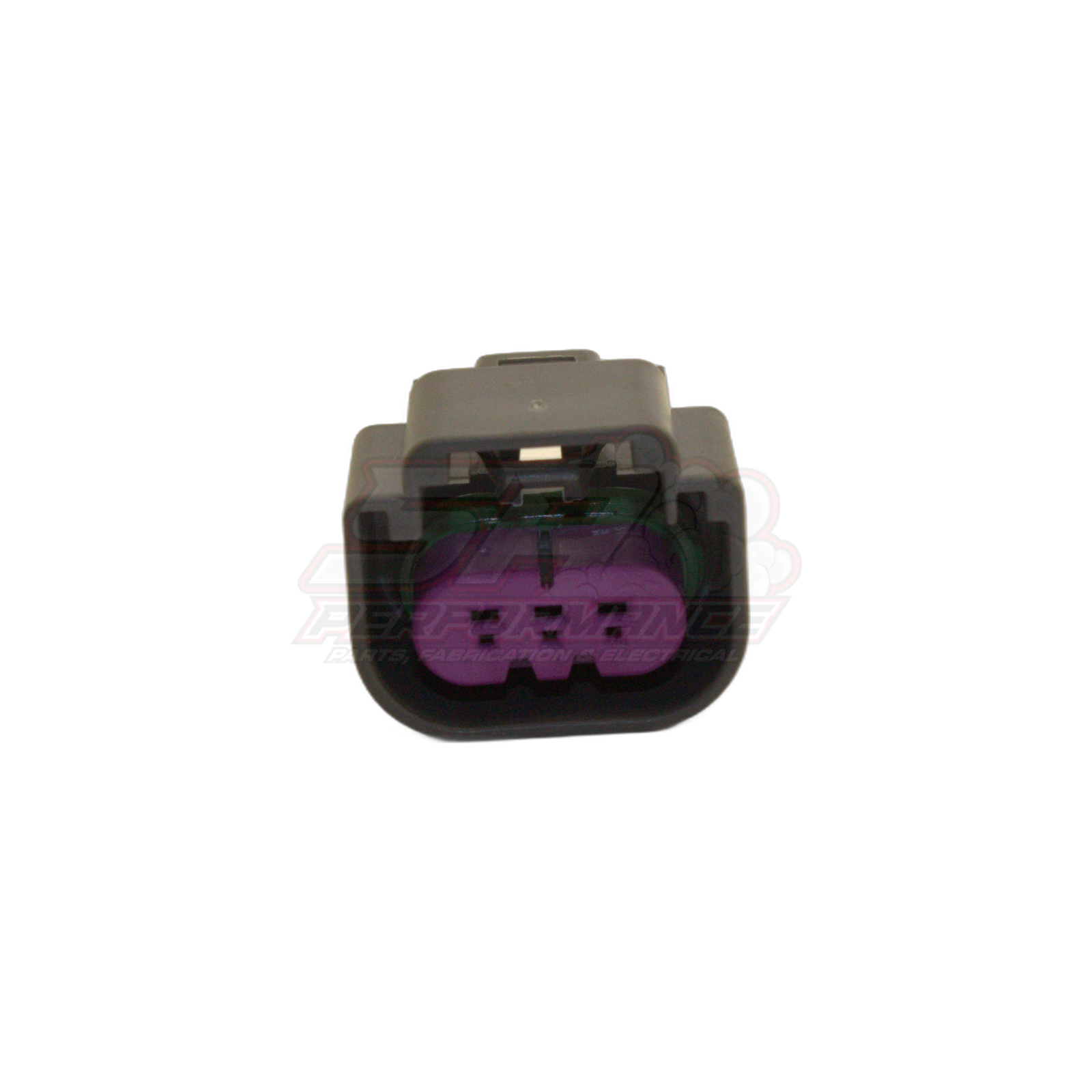 GM E85 flex sensor 3-pin connector front view showing grey housing with purple terminal insert and six cavities