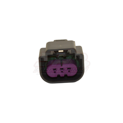 GM E85 flex sensor 3-pin connector front view showing grey housing with purple terminal insert and six cavities