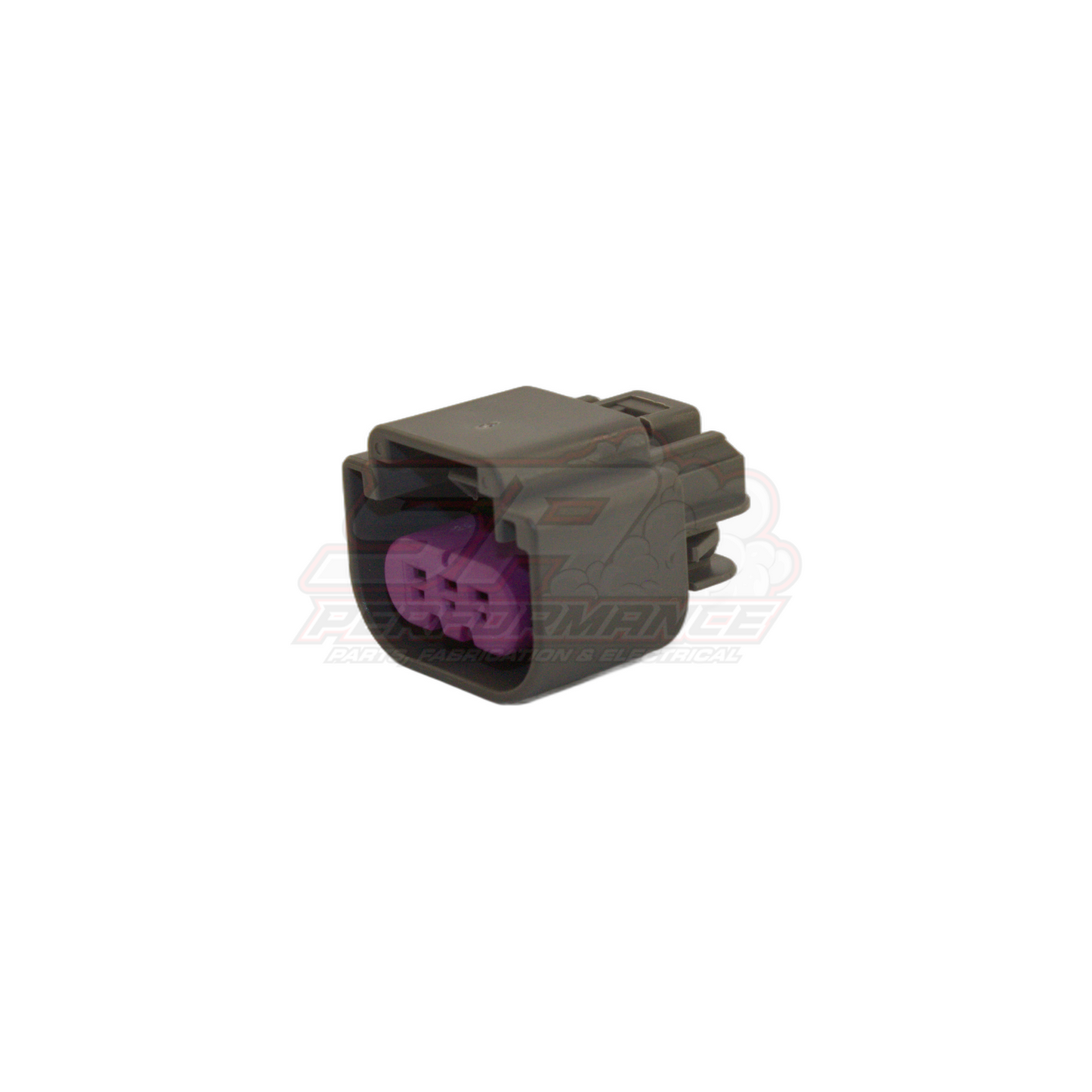 GM 3-pin flex fuel sensor connector in grey housing with purple terminal insert visible, angled front view showing pin receptacles